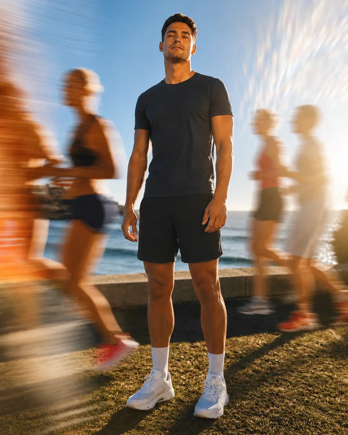 Man standing still among runners