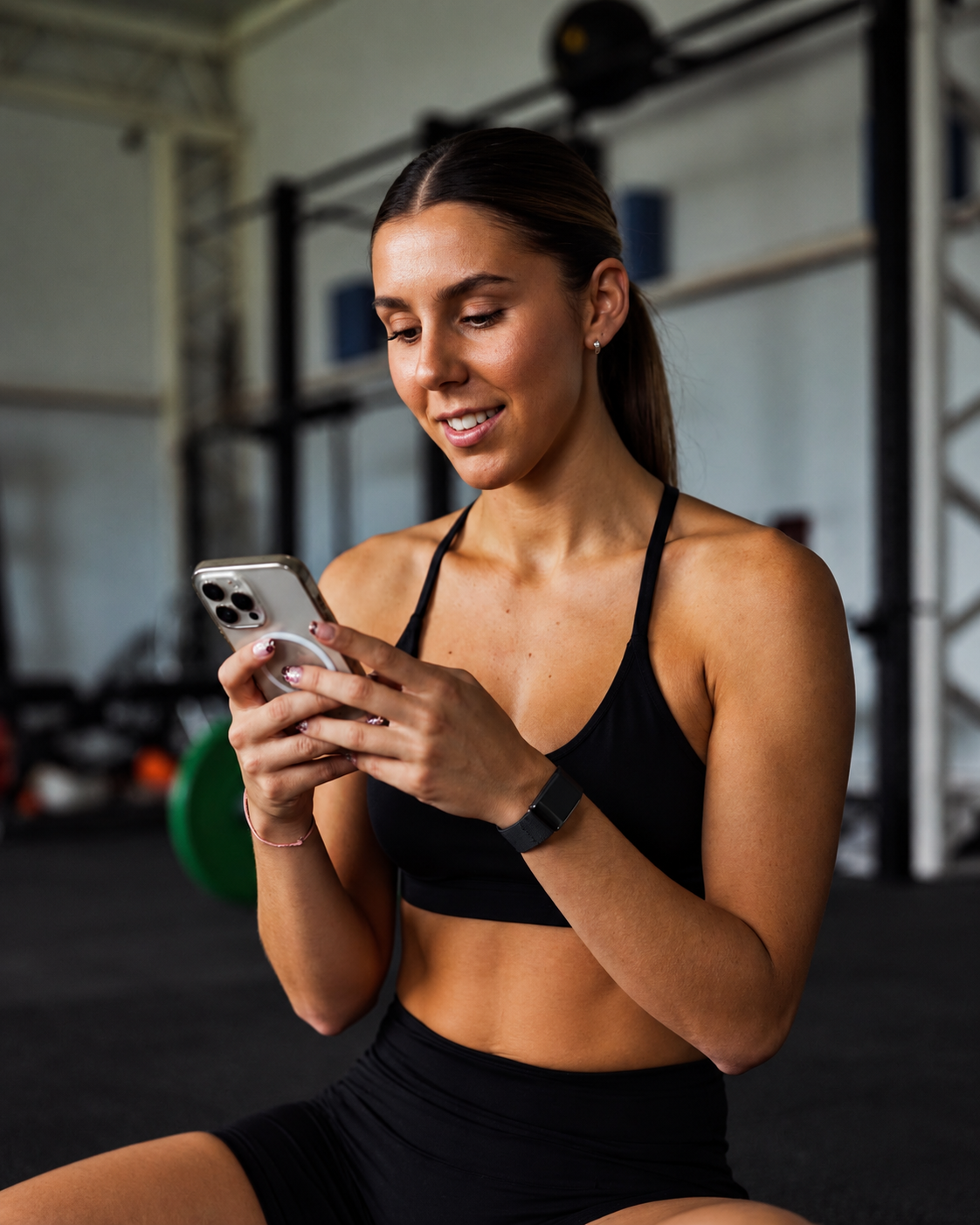 Woman checking the member app on her phone at the gym