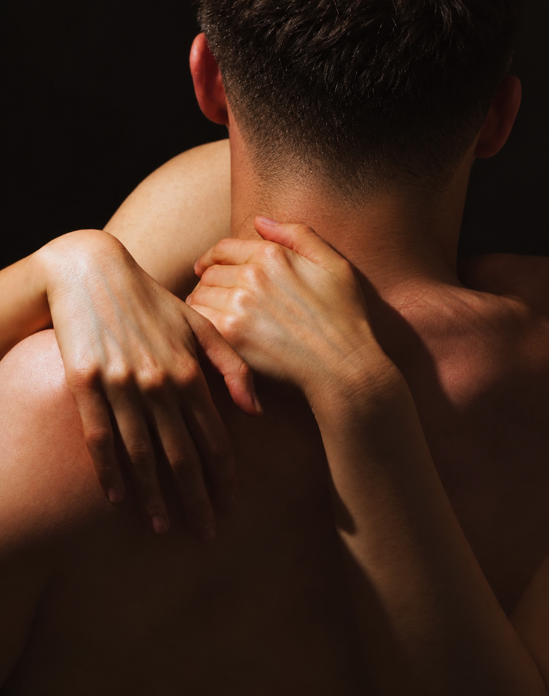 Man seen from behind with a partner's hands resting on his neck and shoulder