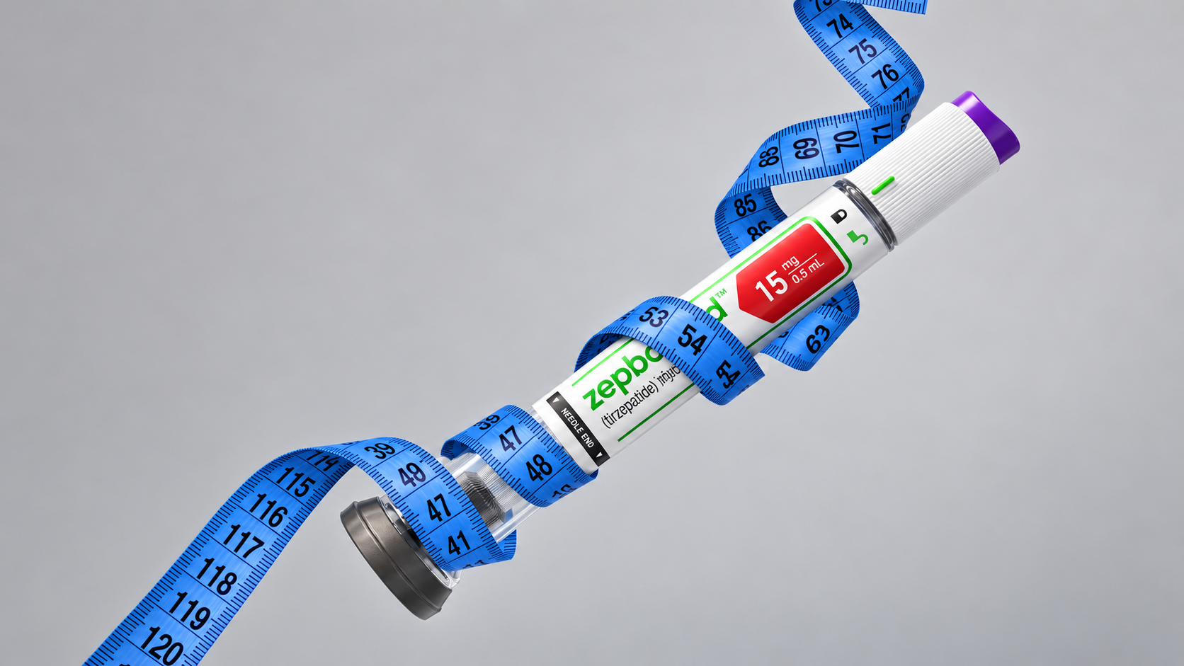 A Zepbound pen wrapped with a blue measuring tape, floating on a soft gray backdrop