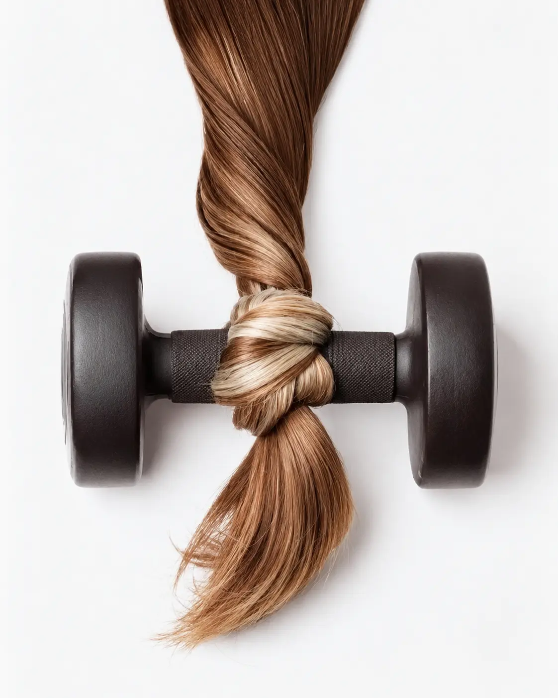 Ponytail tied around a dumbbell